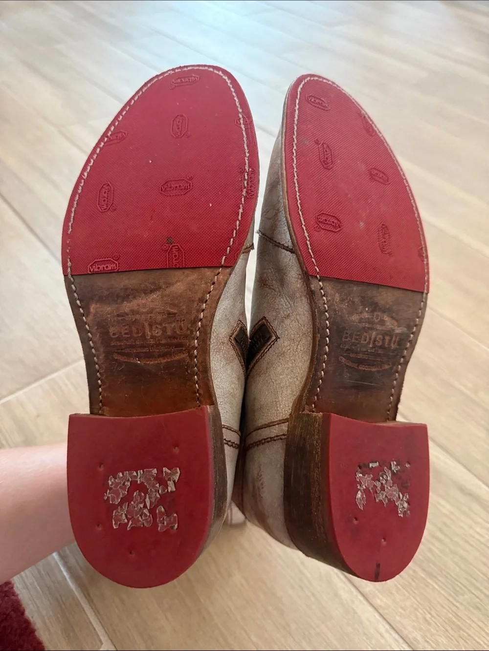 Bed Stu White Leather Ankle Boots with Red Interior